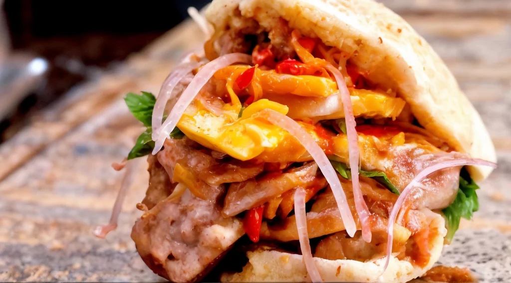 Pan con Chicharrón Completo - Desayuno Peruano Tradicional Sánguche de chicharrón peruano con todos sus componentes servido